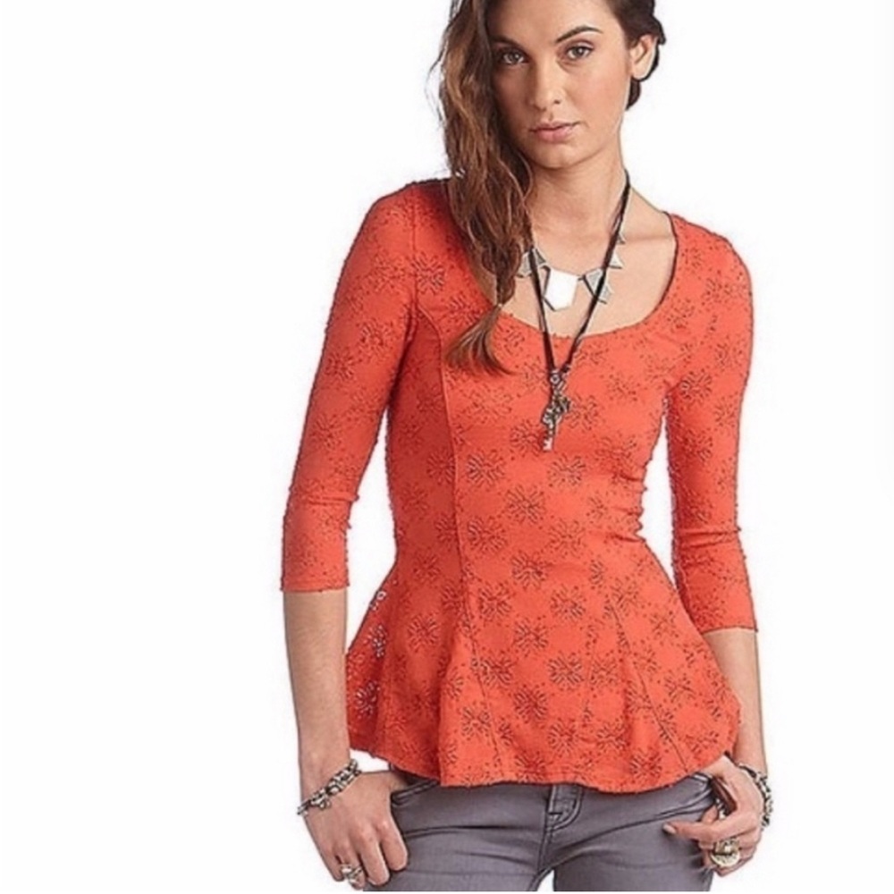 Free People Burnt Orange Lace Peplum Top floral eyelet | Size XS